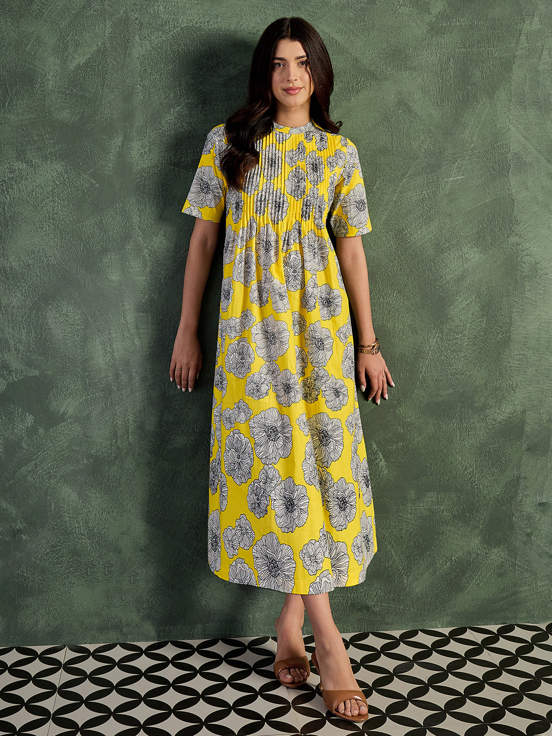 Pure Cotton Front Pleated A-Line Dress (with Lining)