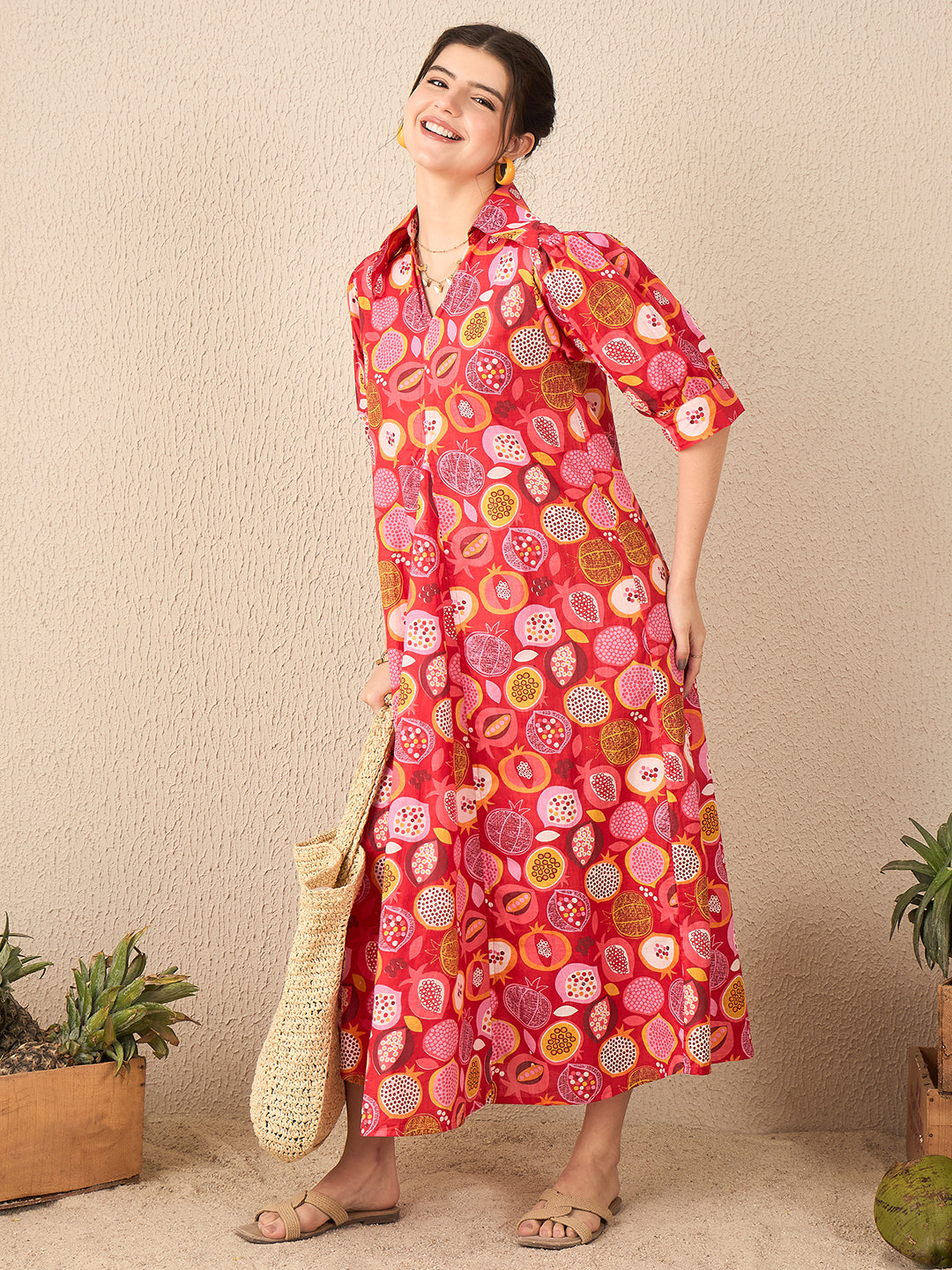 Front Pleated Cotton Midi Dress