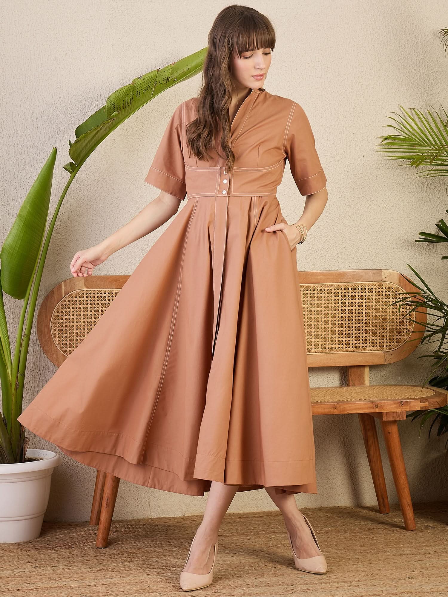 Corset Panelled Cotton Midi Dress