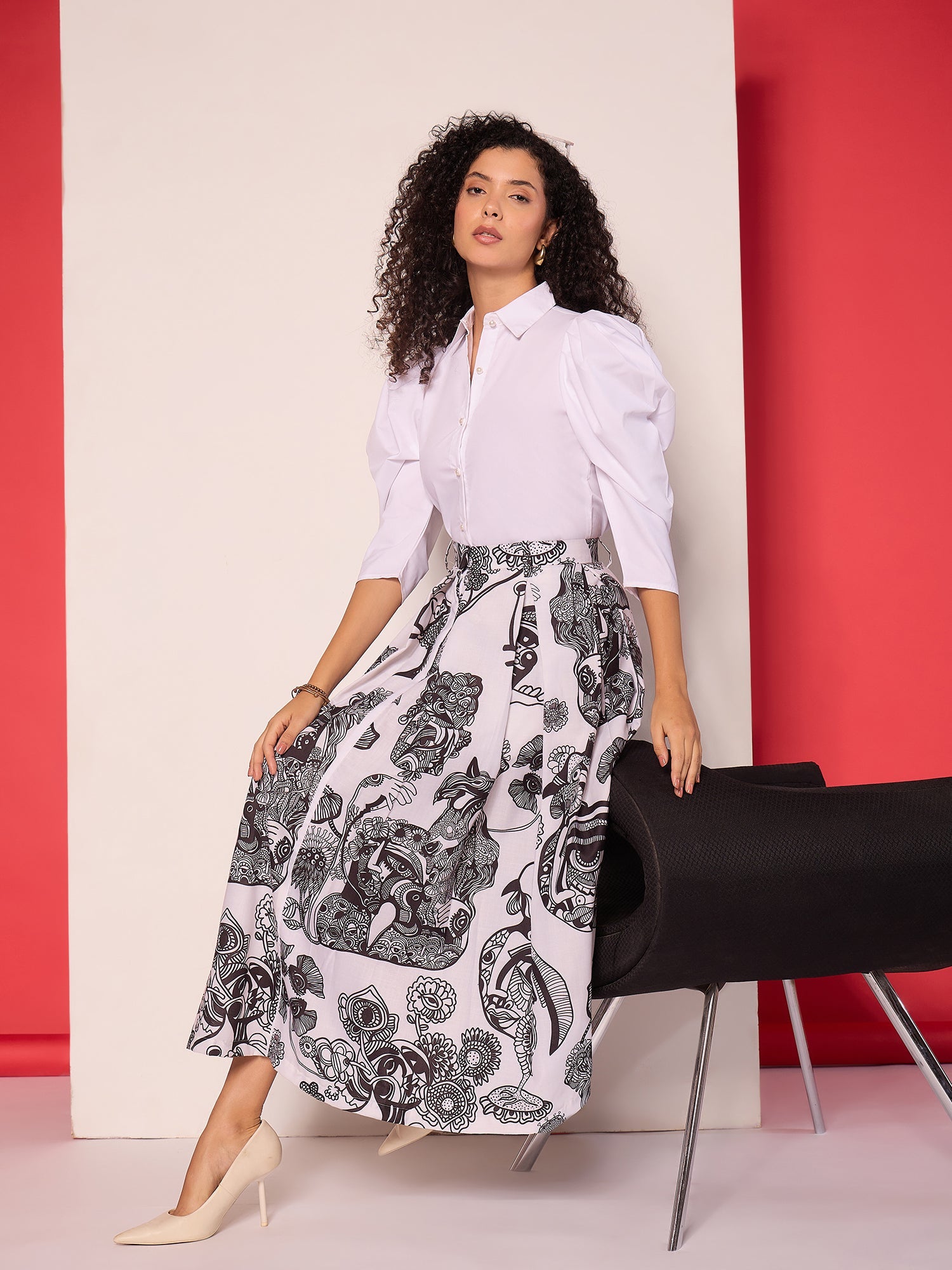 Box Pleated Linen Midi Skirt