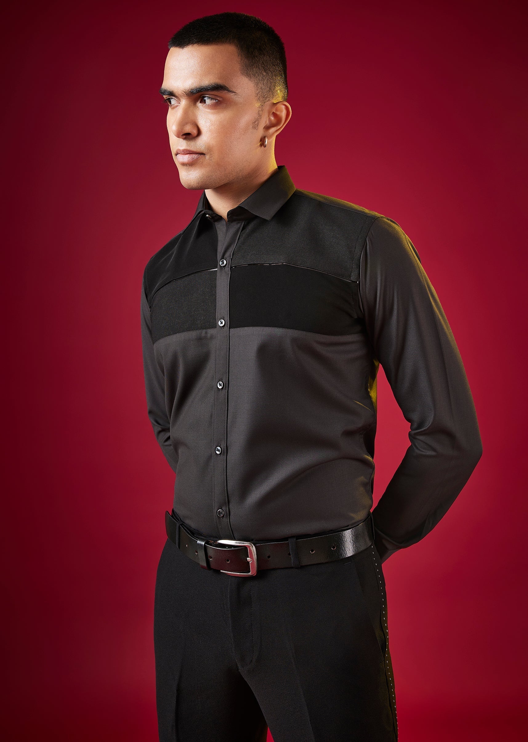 Grey Patchwork Embellished Mens Shirt