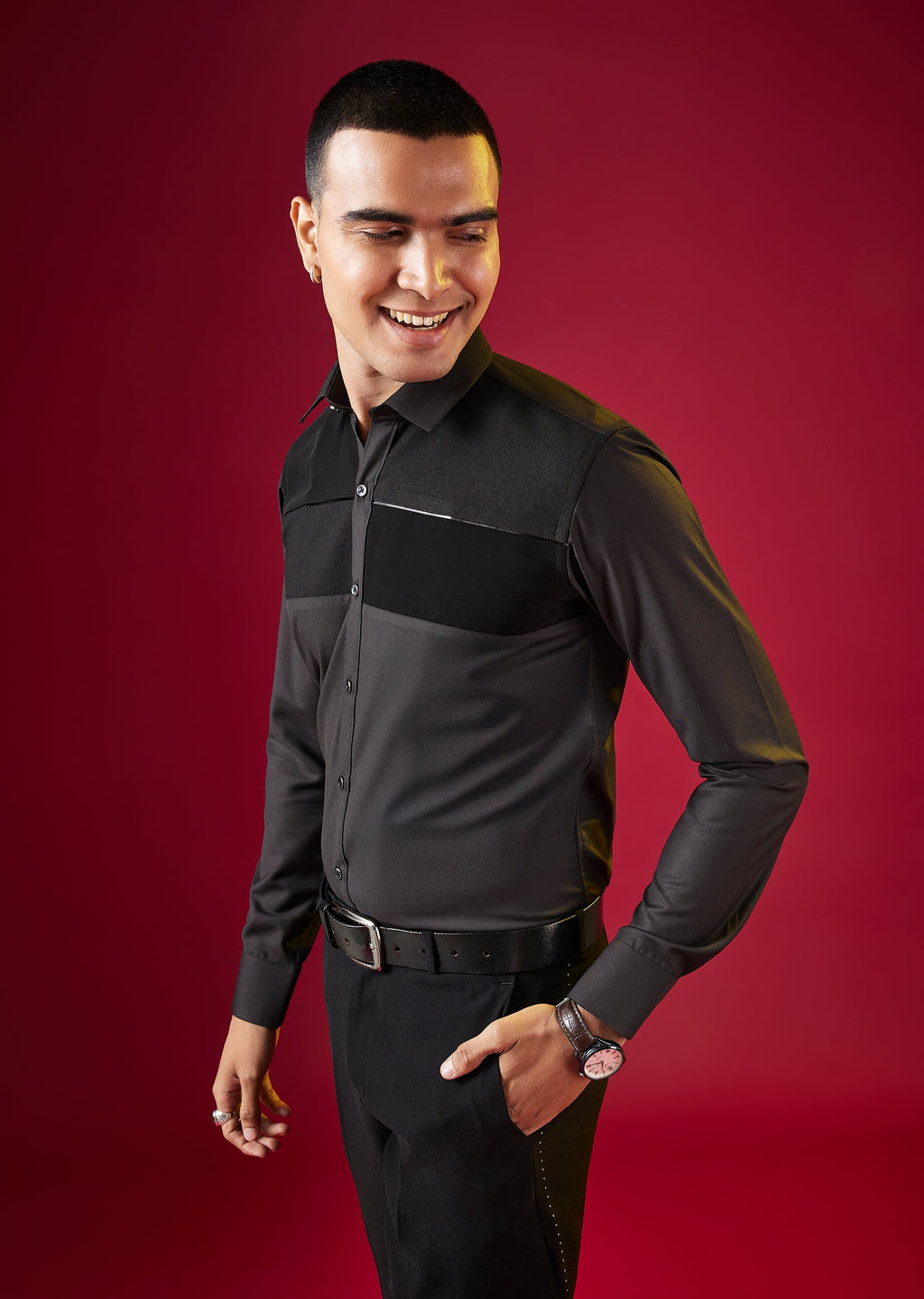 Grey Patchwork Embellished Mens Shirt