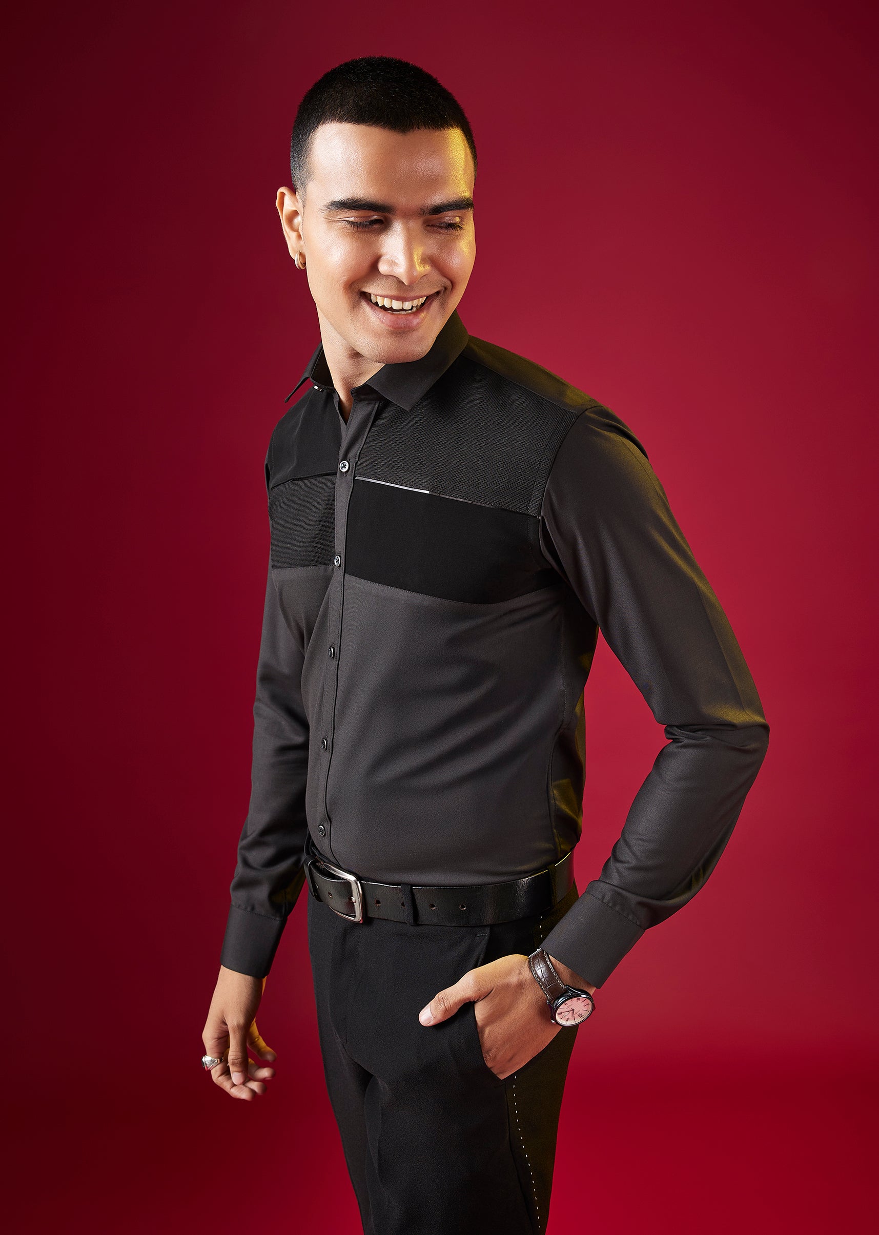 Grey Patchwork Embellished Mens Shirt