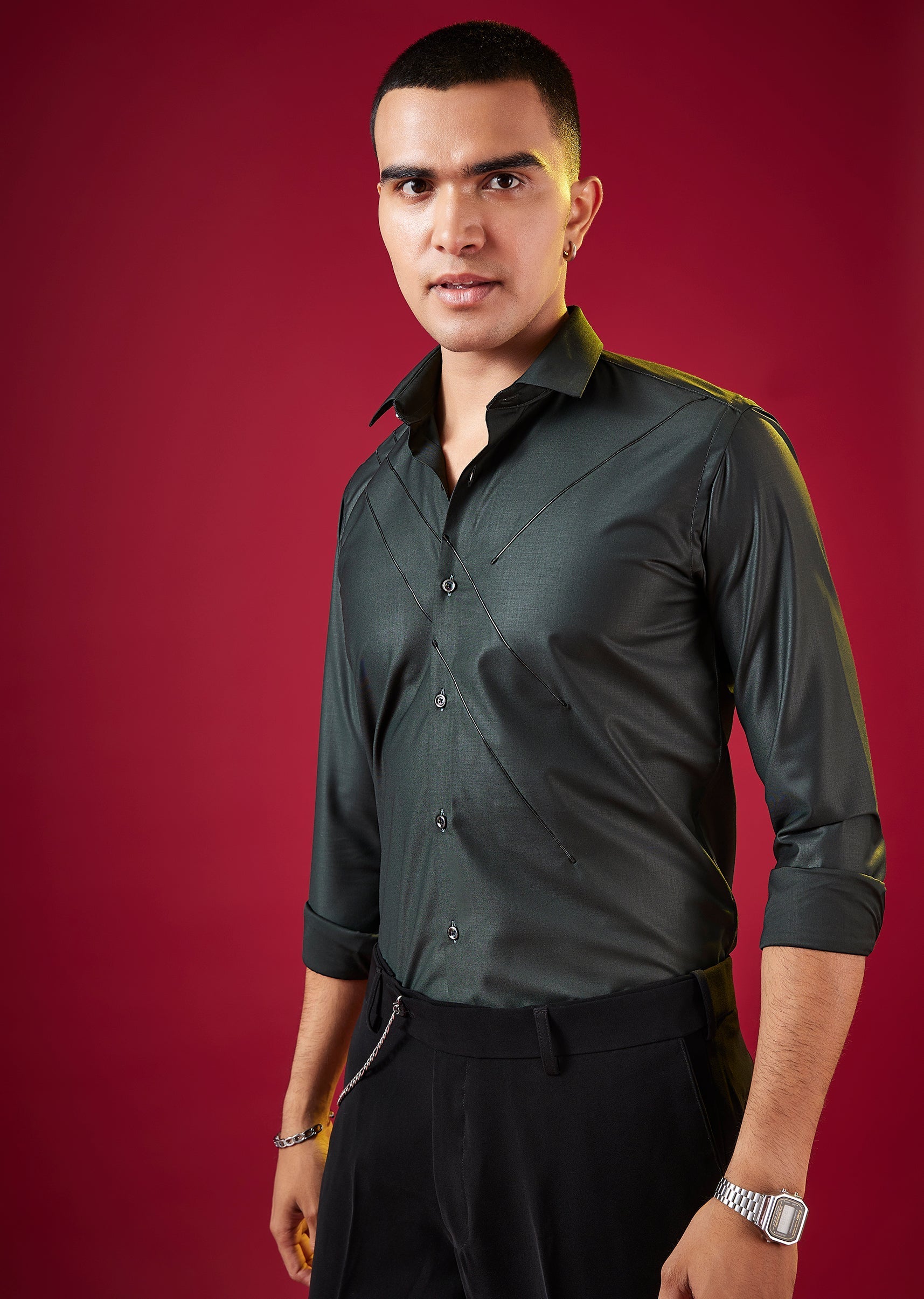 Grey Solid Mandarin Collar Mens Shirt