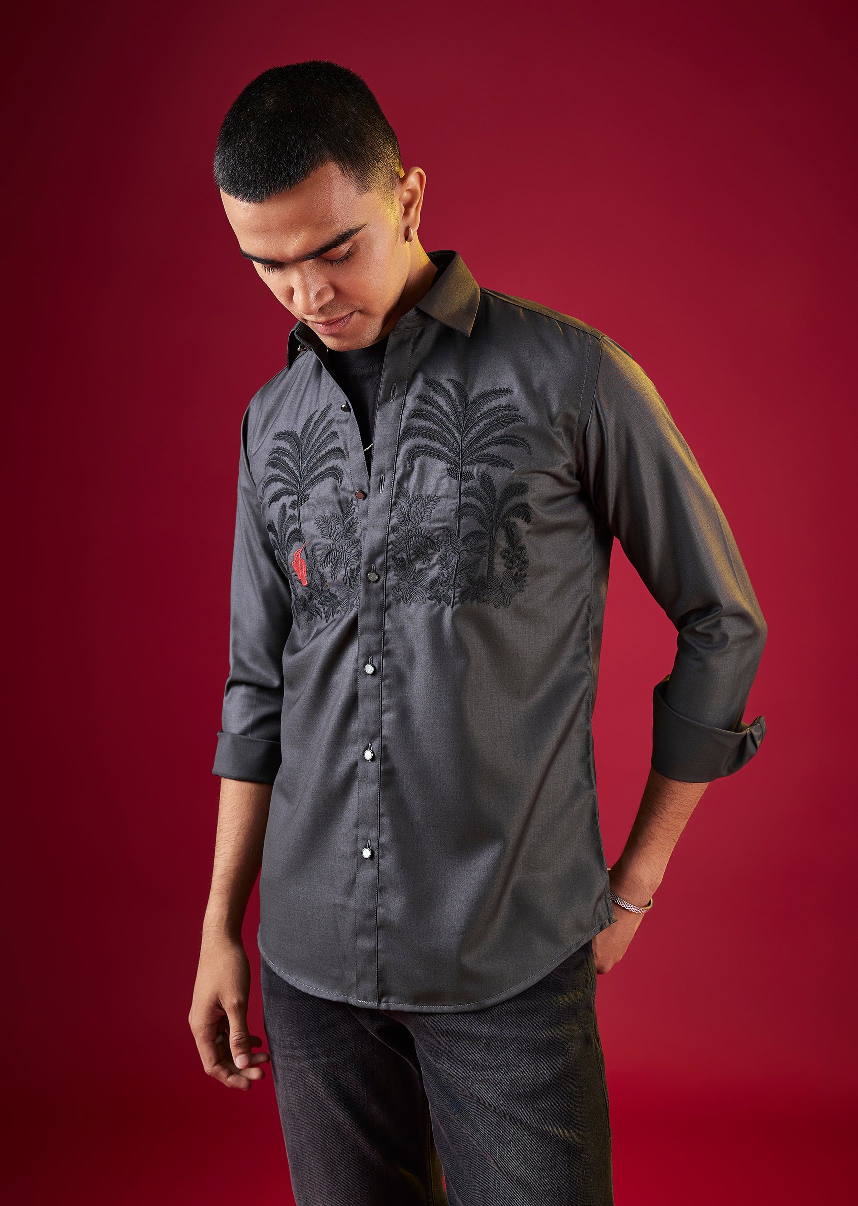 Grey Thread And Resham Embroidered Mens Shirt