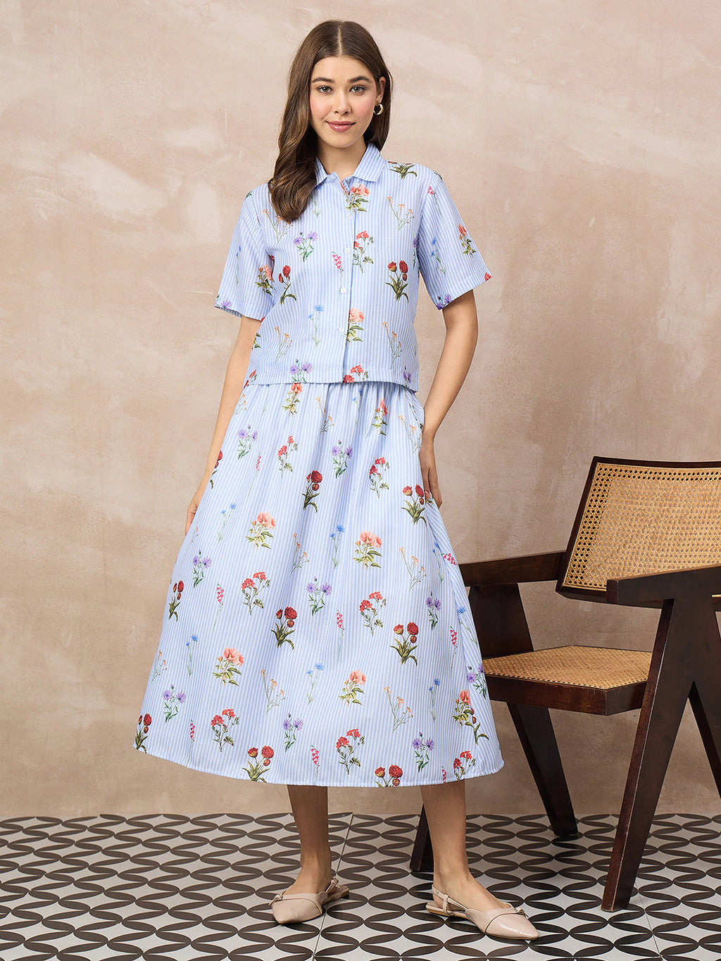 Pure Linen Printed Shirt With Skirt Set (with Lining)