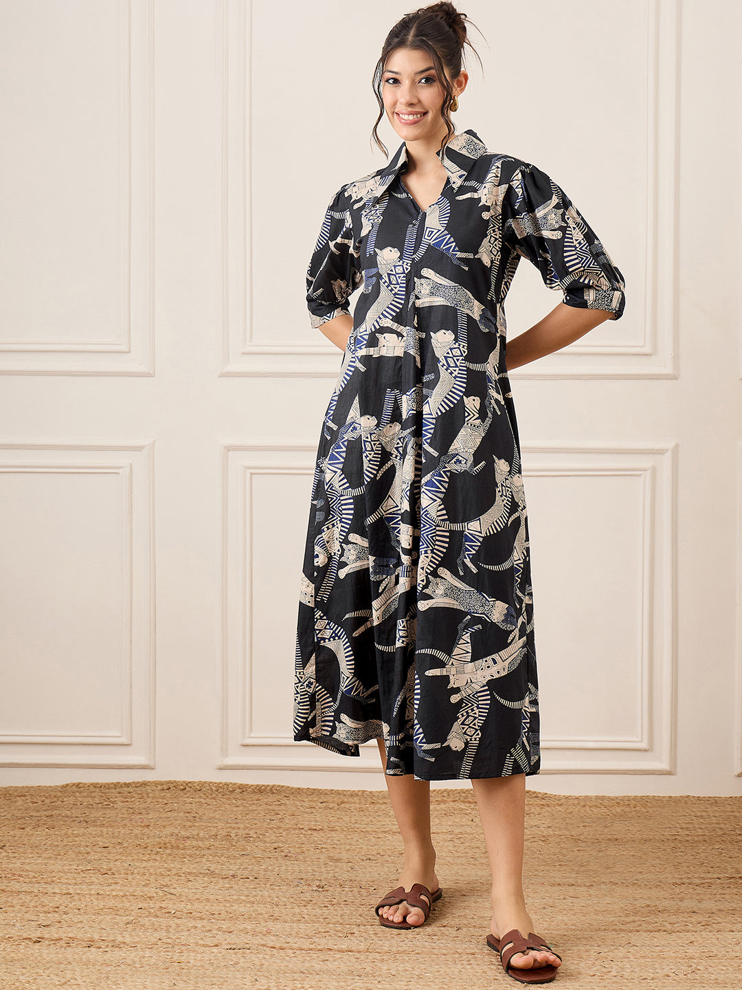 Front Pleated Cotton Midi Dress