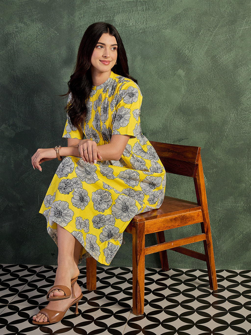 Pure Cotton Front Pleated A-Line Dress (with Lining)