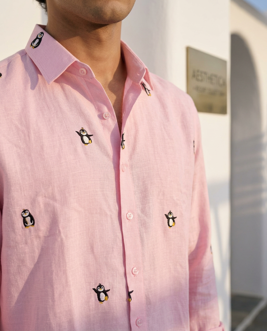 Penguin Tide - Embroidery Linen Shirt