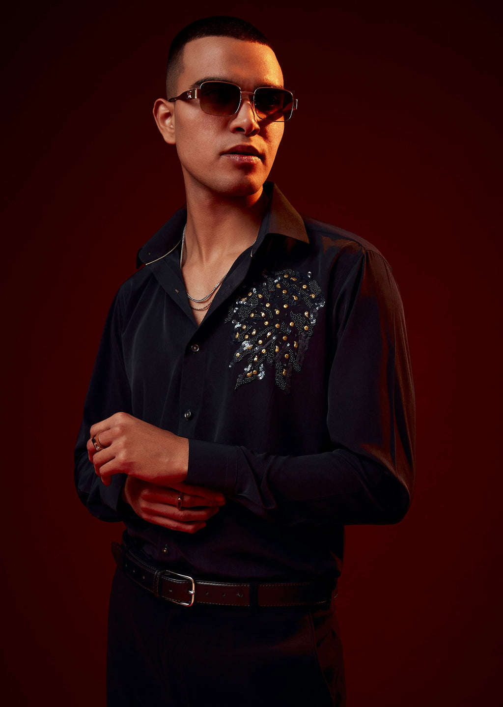 Navy Blue Embellished Polyester Party Shirt