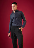 Navy Blue Patchwork Embellished Mens Shirt