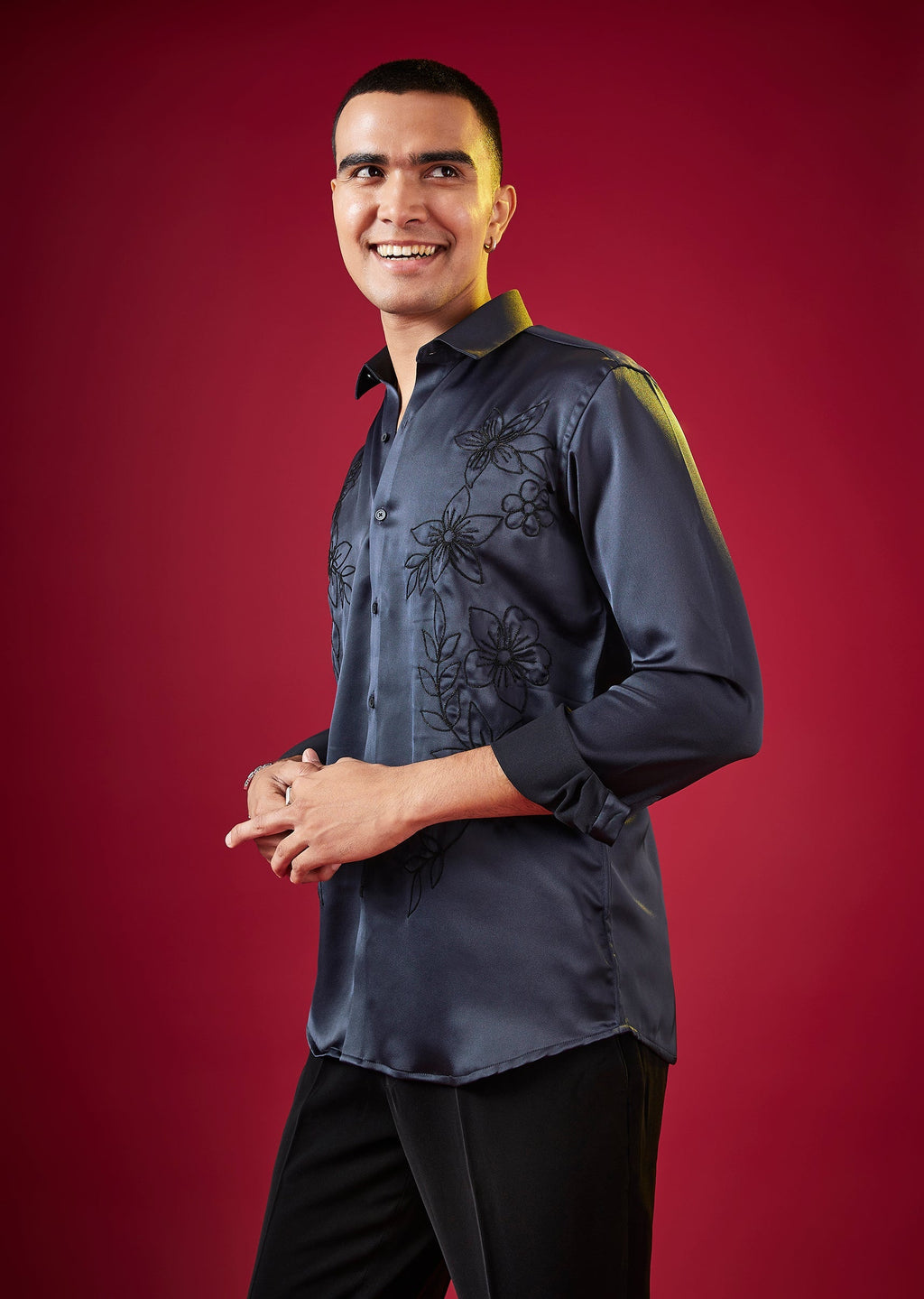 Navy Blue Thread Resham Embellished Mens Shirt