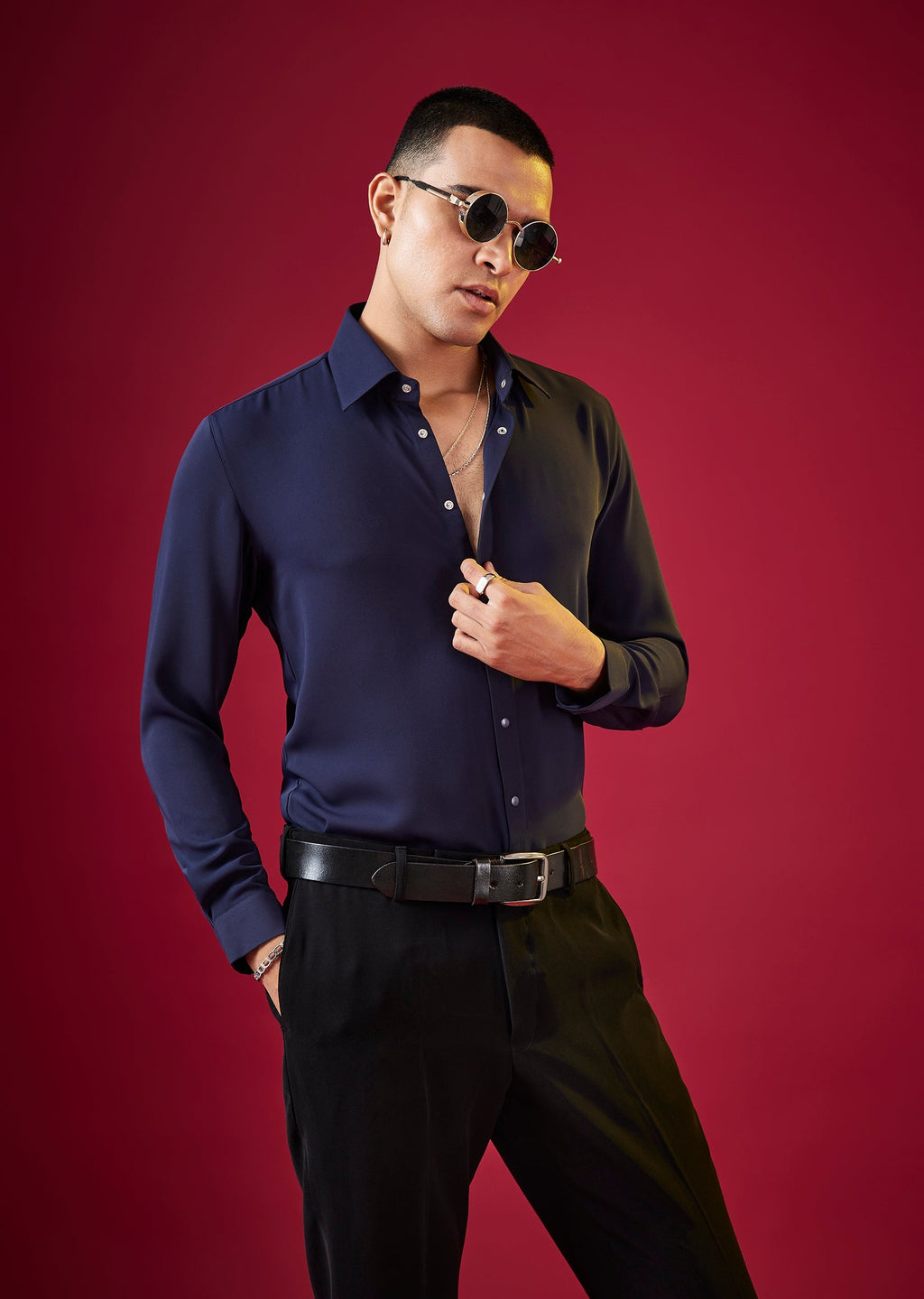 Navy Blue Viscose Button Front Mens Shirt