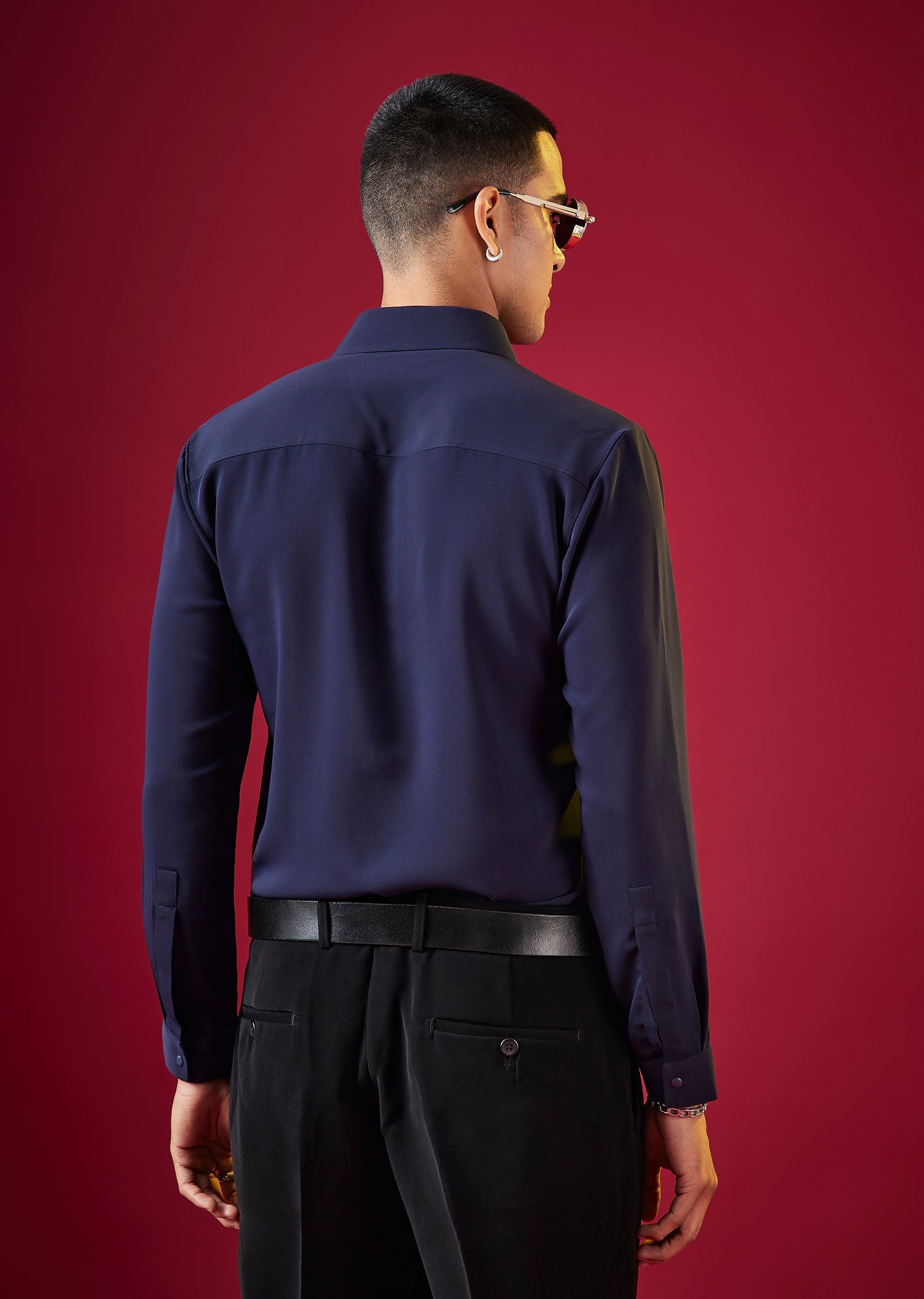 Navy Blue Viscose Button Front Mens Shirt