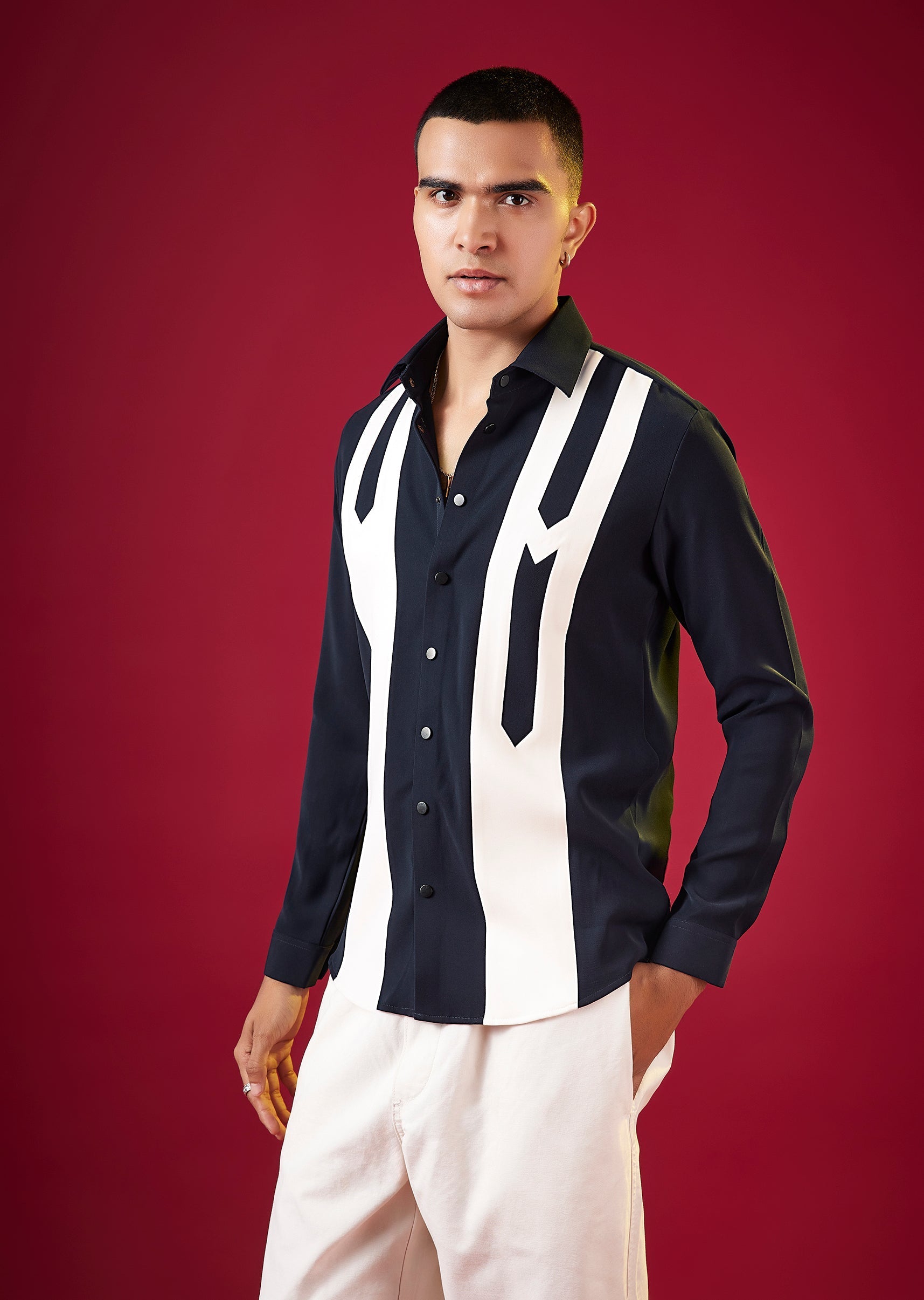 Navy Blue Viscose Mandarin Collar Mens Shirt