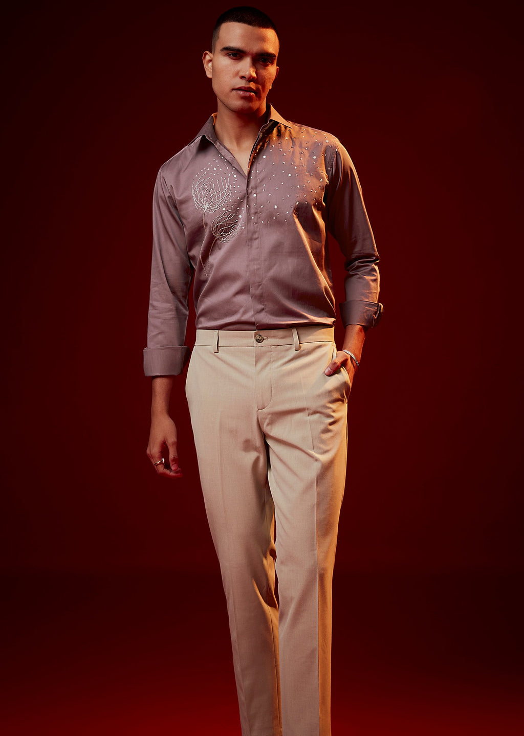 Pink Embroidered Silk Blend Mandarin Collar Shirt