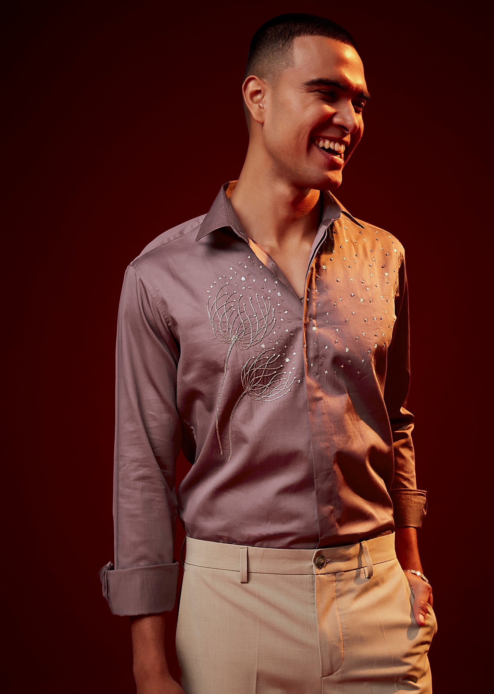 Pink Embroidered Silk Blend Mandarin Collar Shirt