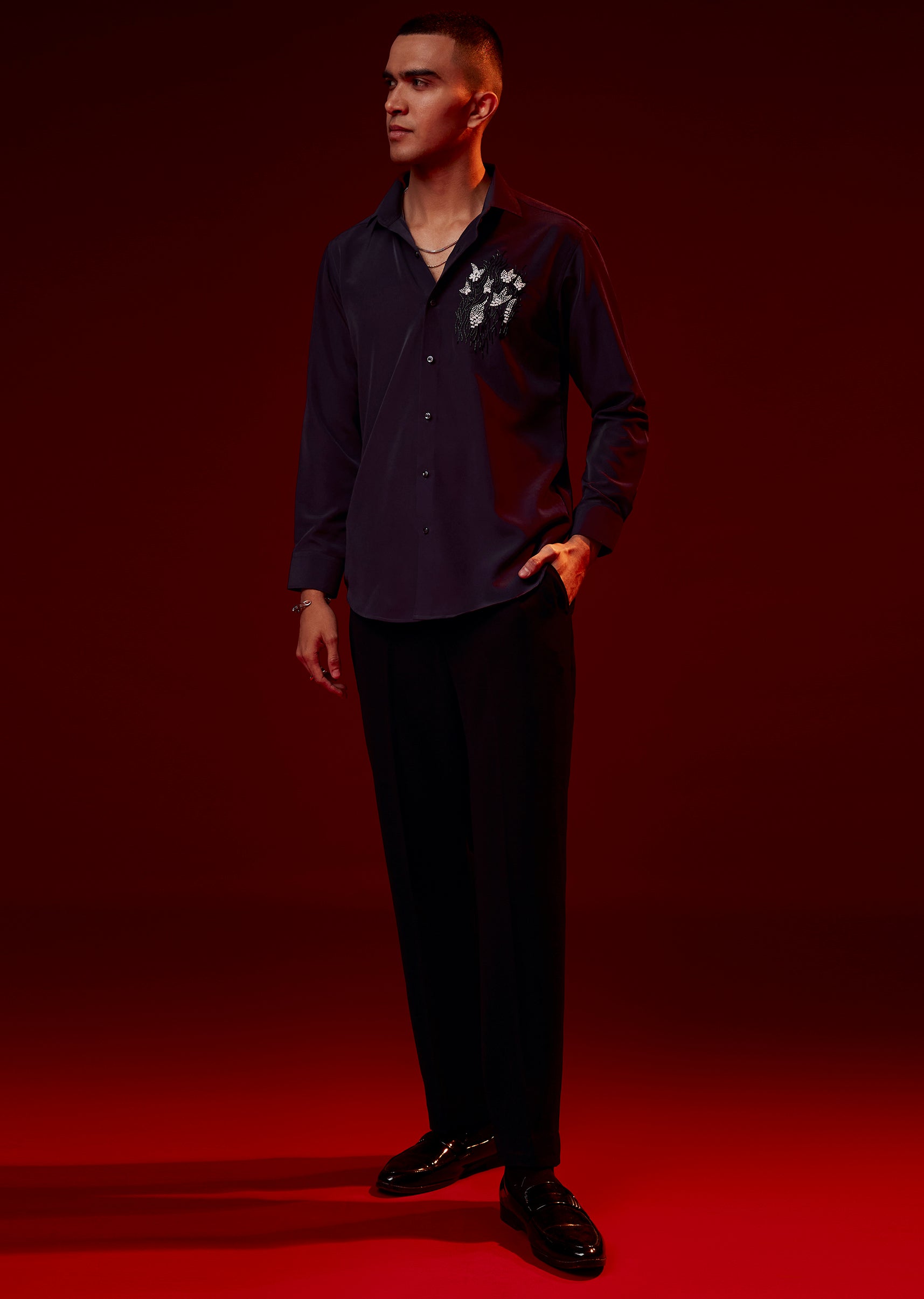 Purple Embellished Mandarin Collar Shirt