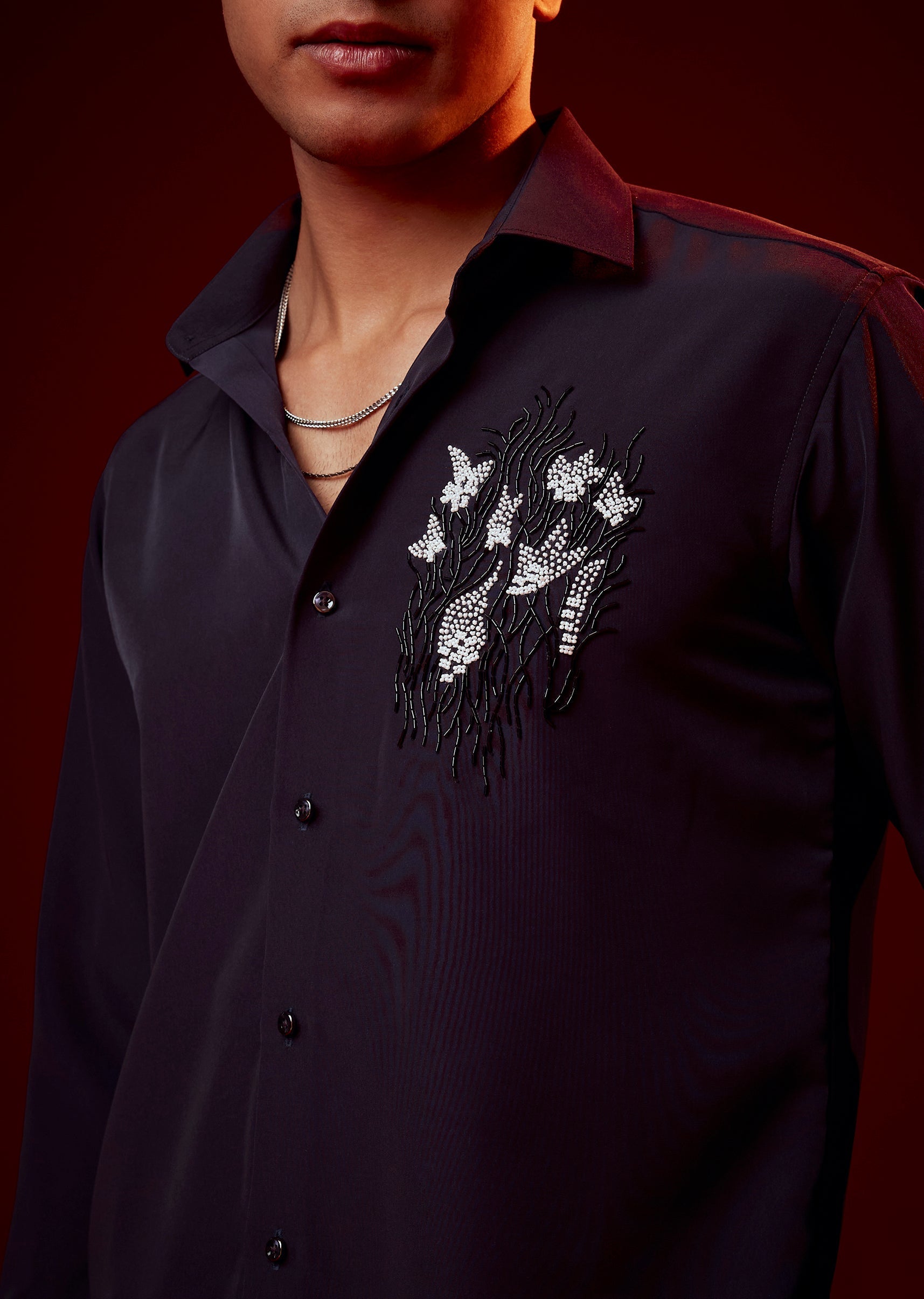 Purple Embellished Mandarin Collar Shirt