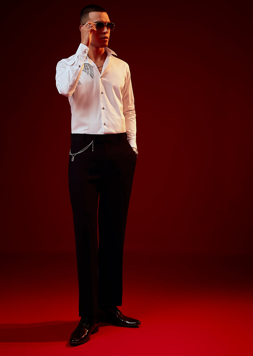 White Bead Embroidered Mandarin Collar Shirt