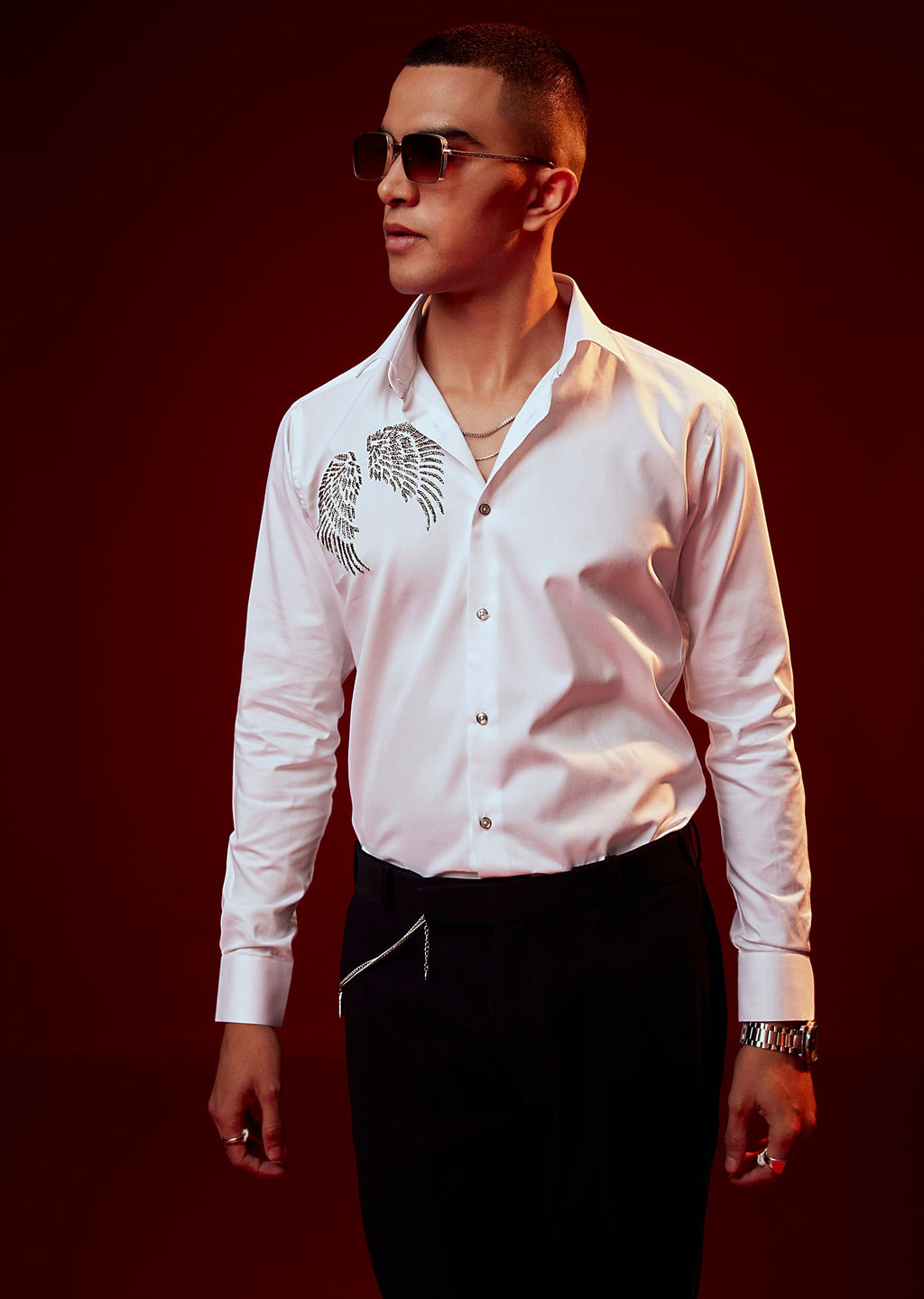 White Bead Embroidered Mandarin Collar Shirt