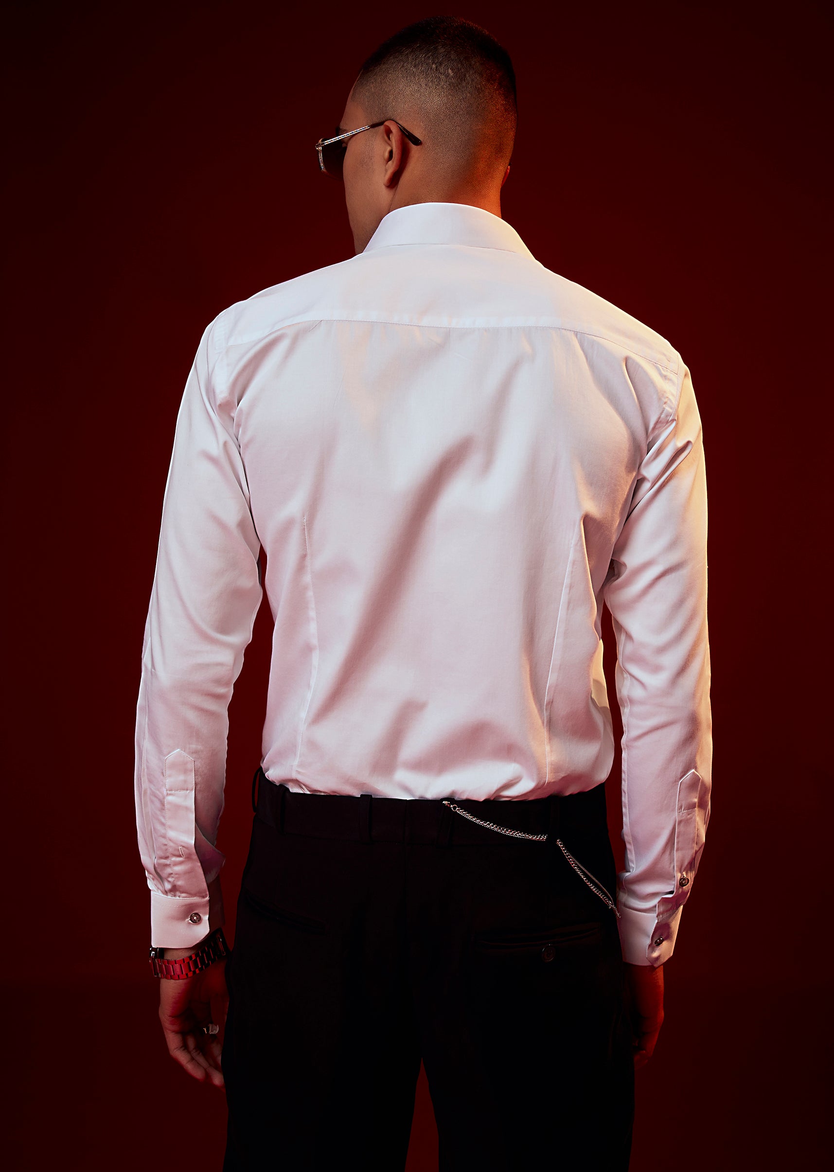 White Bead Embroidered Mandarin Collar Shirt