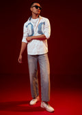 White Embellished Silk Blend Mandarin Collar Party Shirt