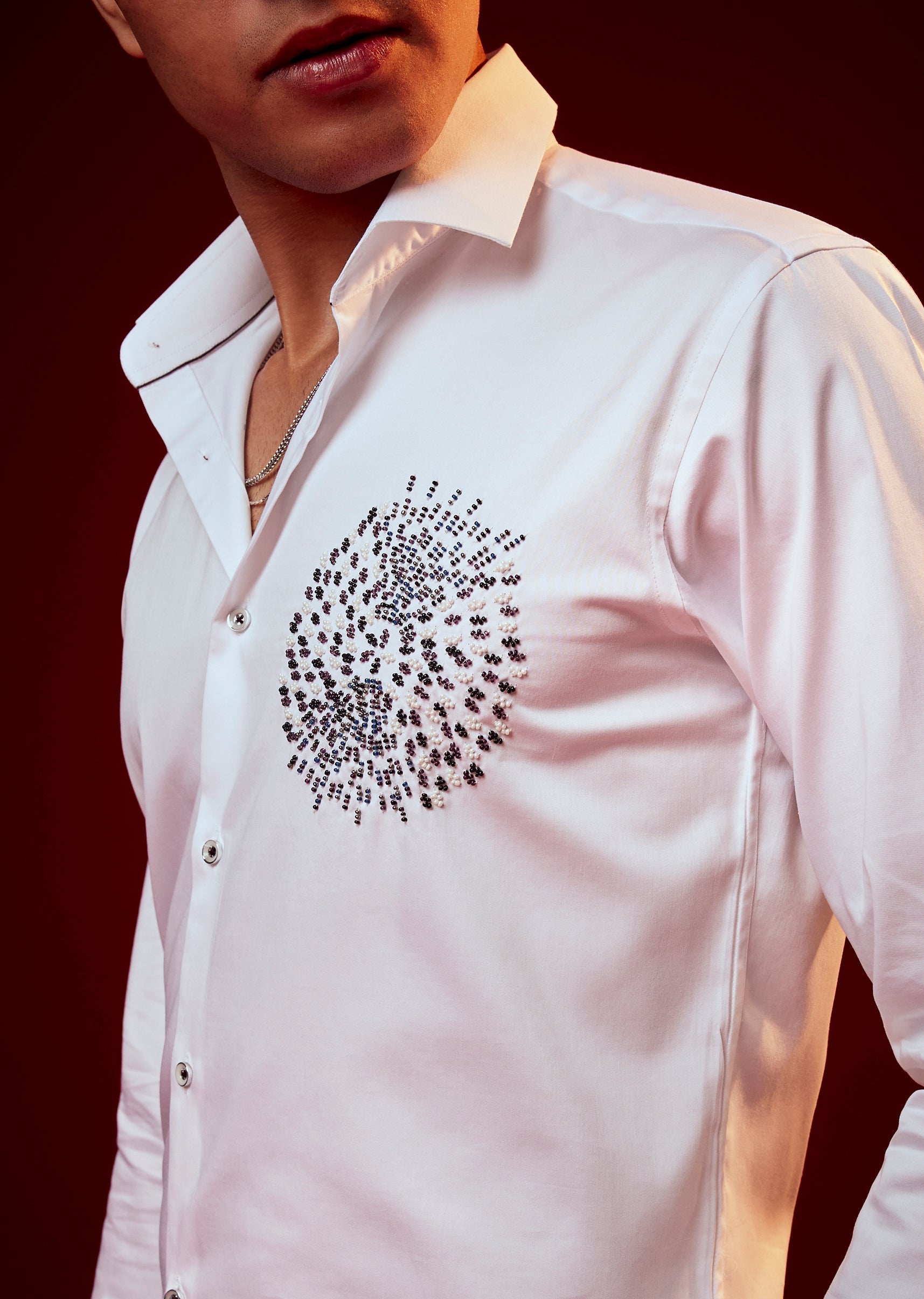 White Embellished Silk Blend Party Shirt
