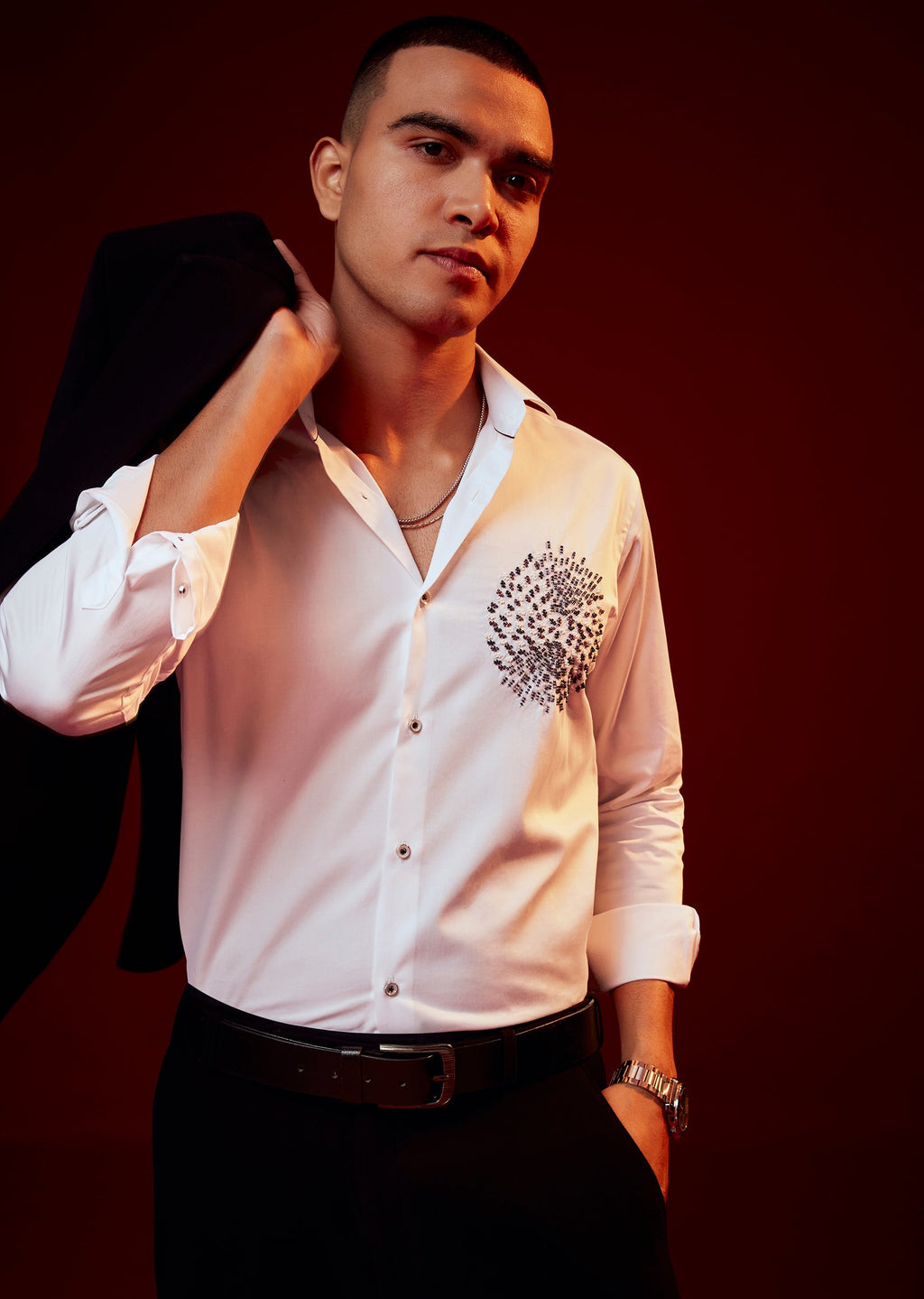 White Embellished Silk Blend Party Shirt