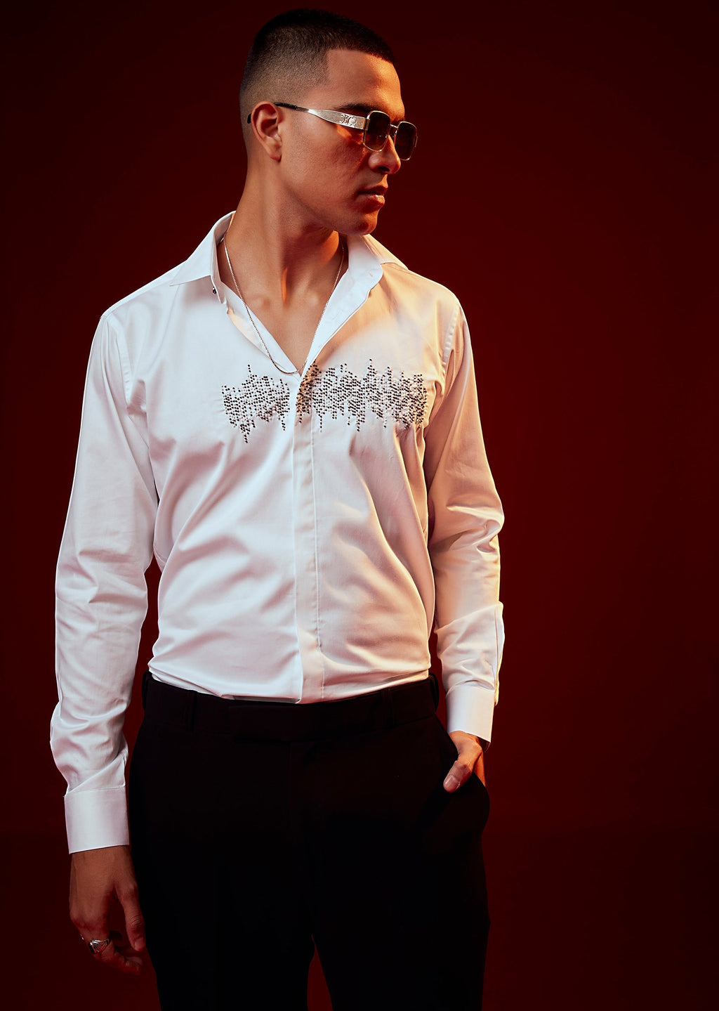 White Embroidered Silk Blend Mandarin Collar Shirt