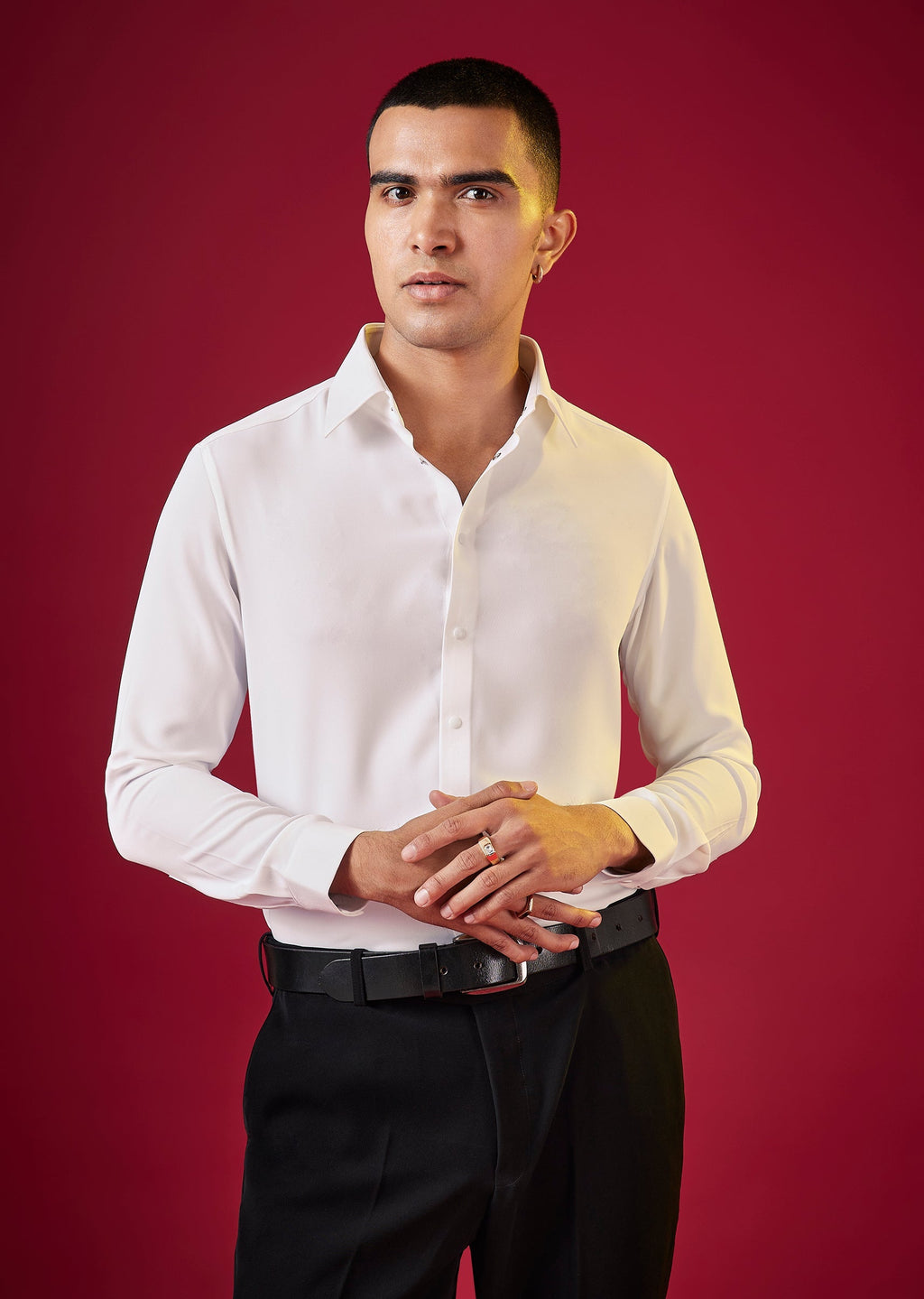 White Solid Viscose Button Front Mens Shirt