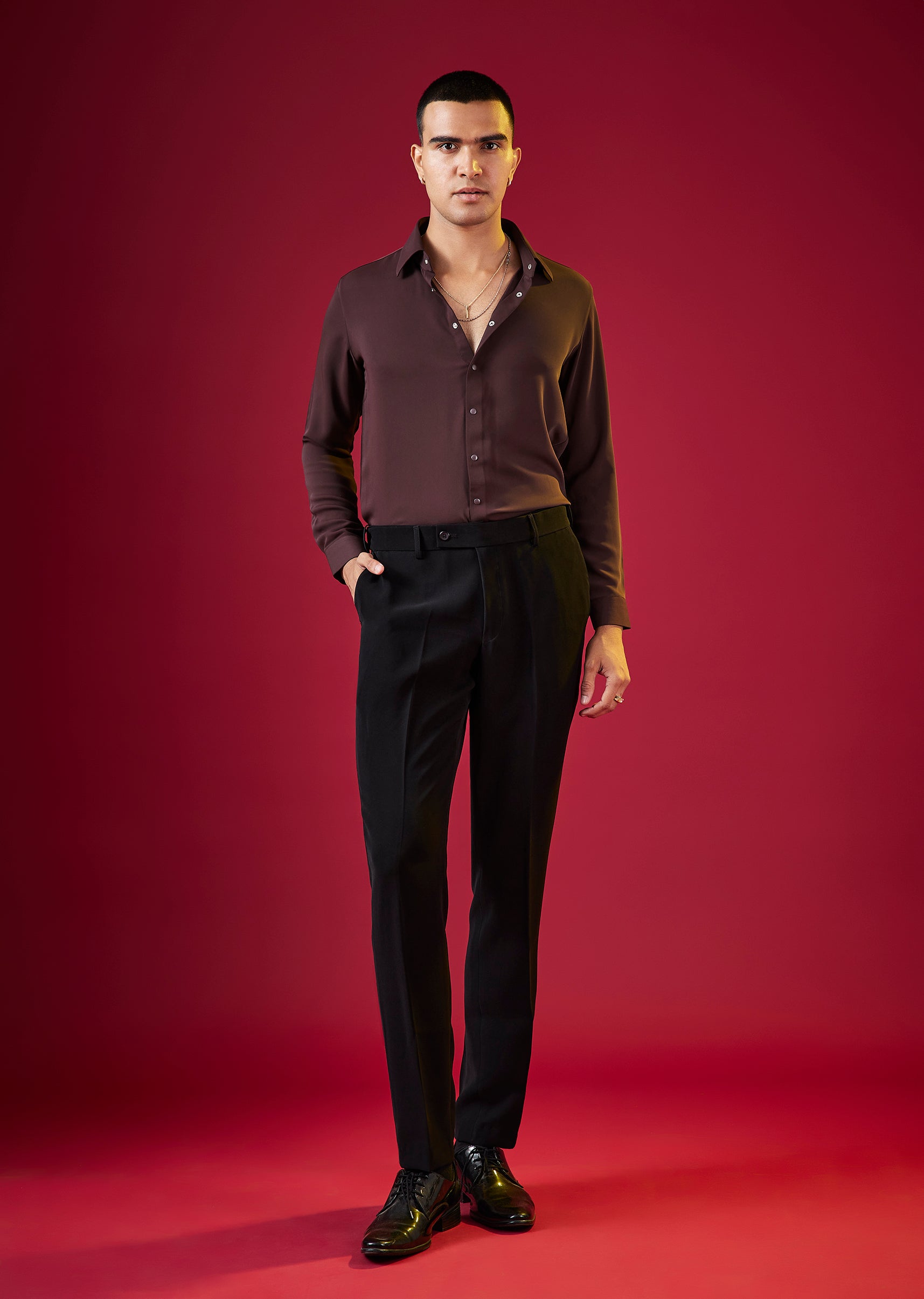 Wine Viscose Button Front Mens Shirt