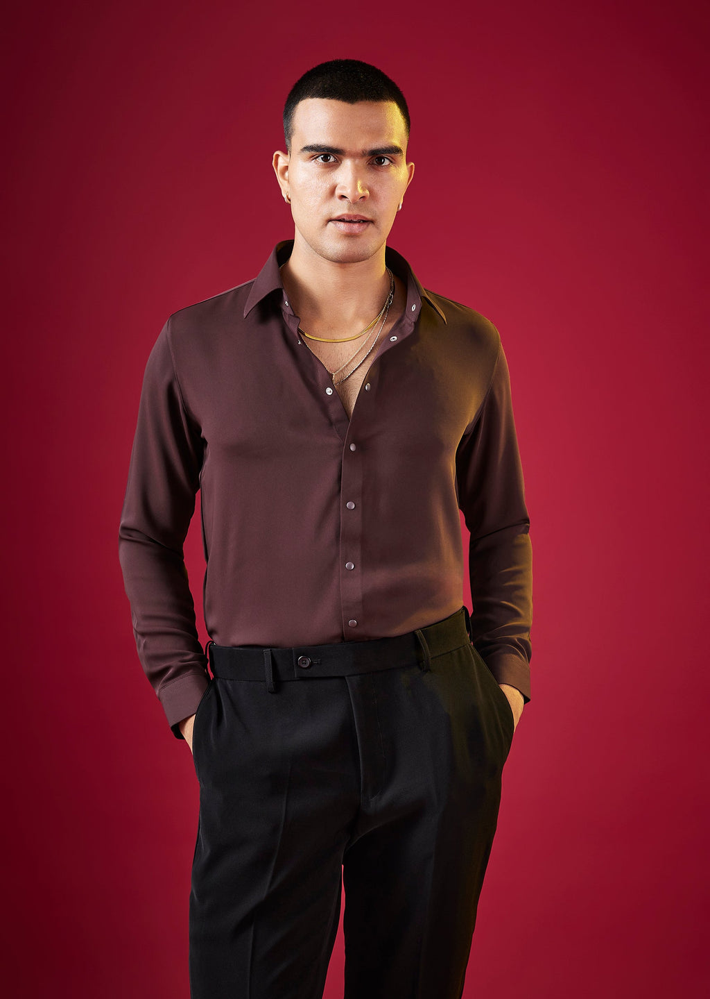 Wine Viscose Button Front Mens Shirt