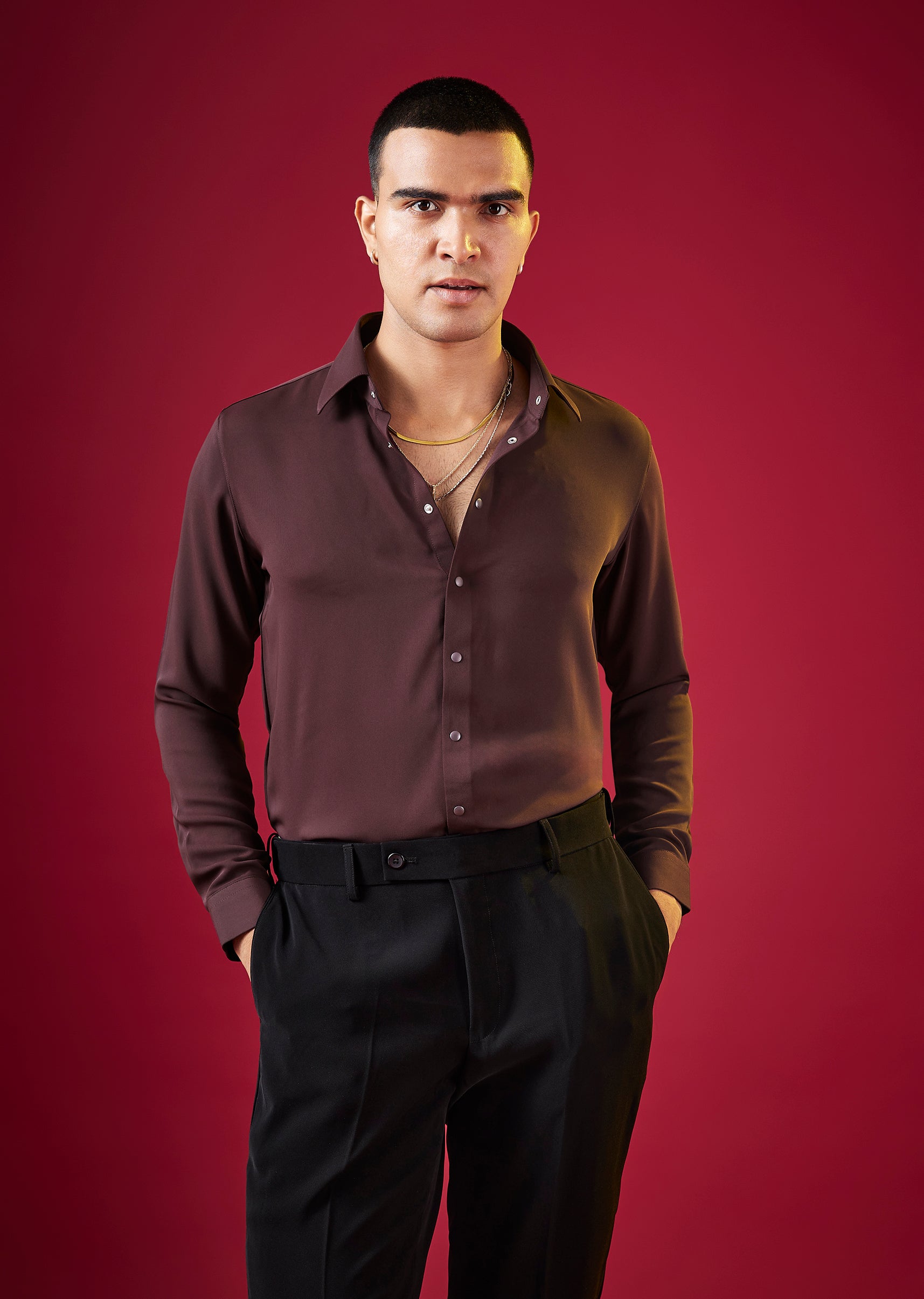 Wine Viscose Button Front Mens Shirt